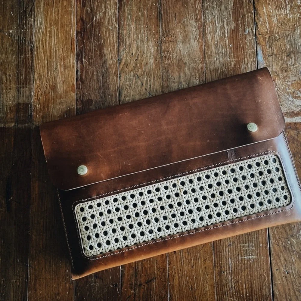Brown Leather Folio Case with Woven Detail